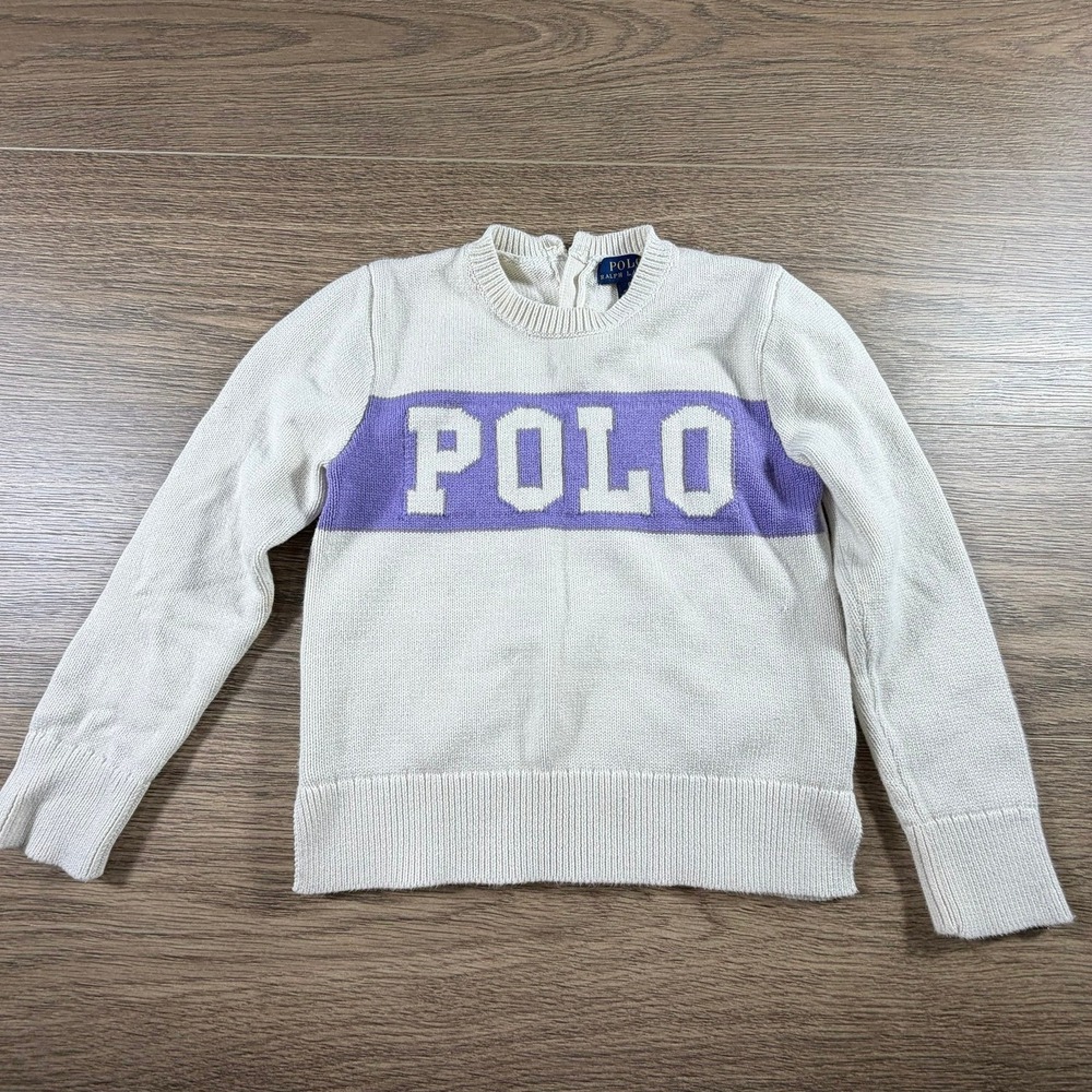 Polo Ralph Lauren Girls 100% Cotton Logo Knit Sweater White Purple Preppy Size 6